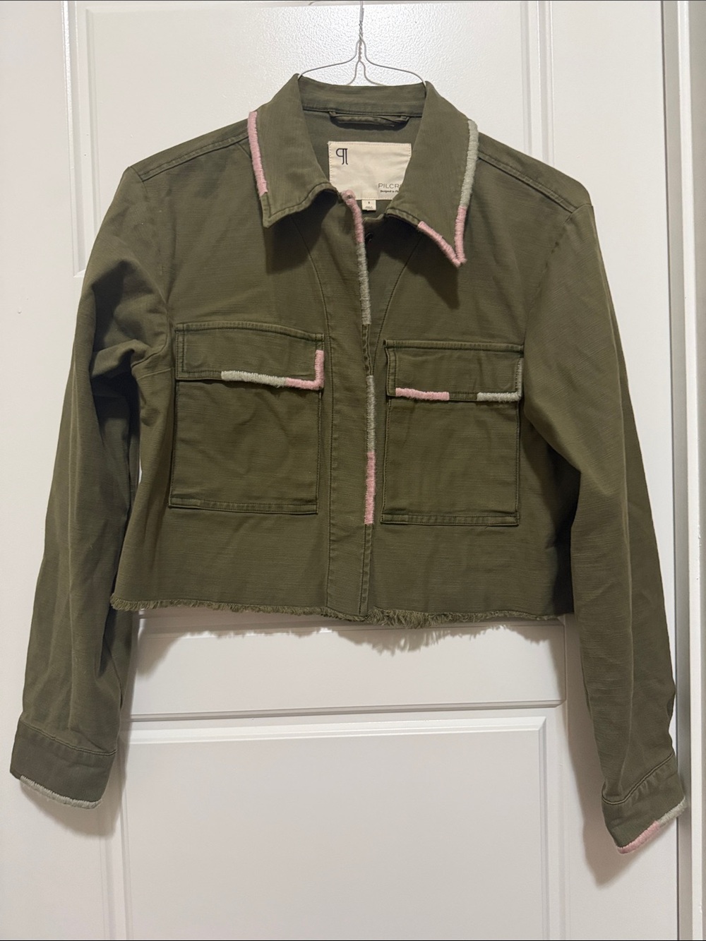 Pilcro Olive Cropped Utility Jacket with Pink Trim